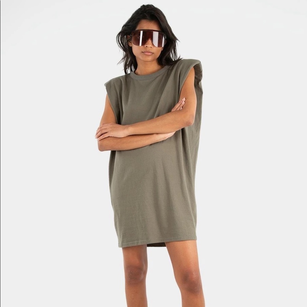 THE FRANKIE SHOP TINA PADDED SHOULDER MUSCLE DRESS- OLIVE KHAKI